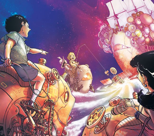 Adegan seni fantasi anak-anak mengendarai makhluk mekanik di depan kapal, di awan