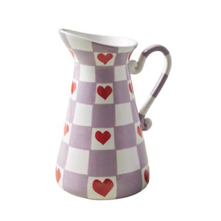 Vaisselle Pitcher from Anthropologie; white and lavender heart checkered pattern