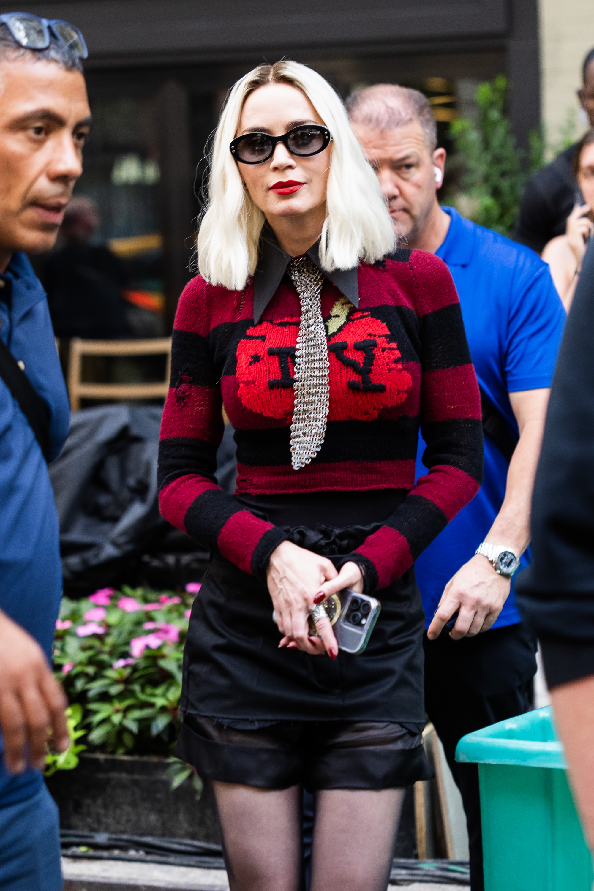 Emily Blunt was spotted in a Coach sweater on the set of The Devil Wears Prada 2