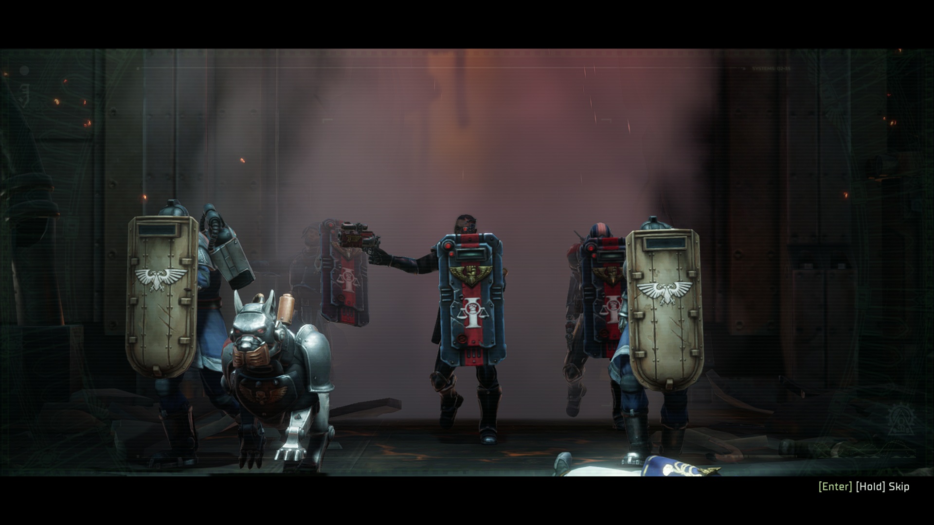 In-game cutscene of the Adeptus Arbites storming a villain's hideout in Warhammer 40,000: Rogue Trader