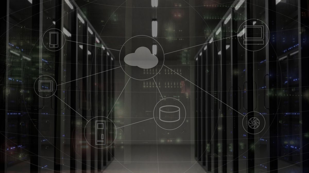 server room overlaid with graphical representation of cloud computing networks