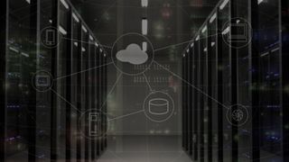 server room overlaid with graphical representation of cloud computing networks