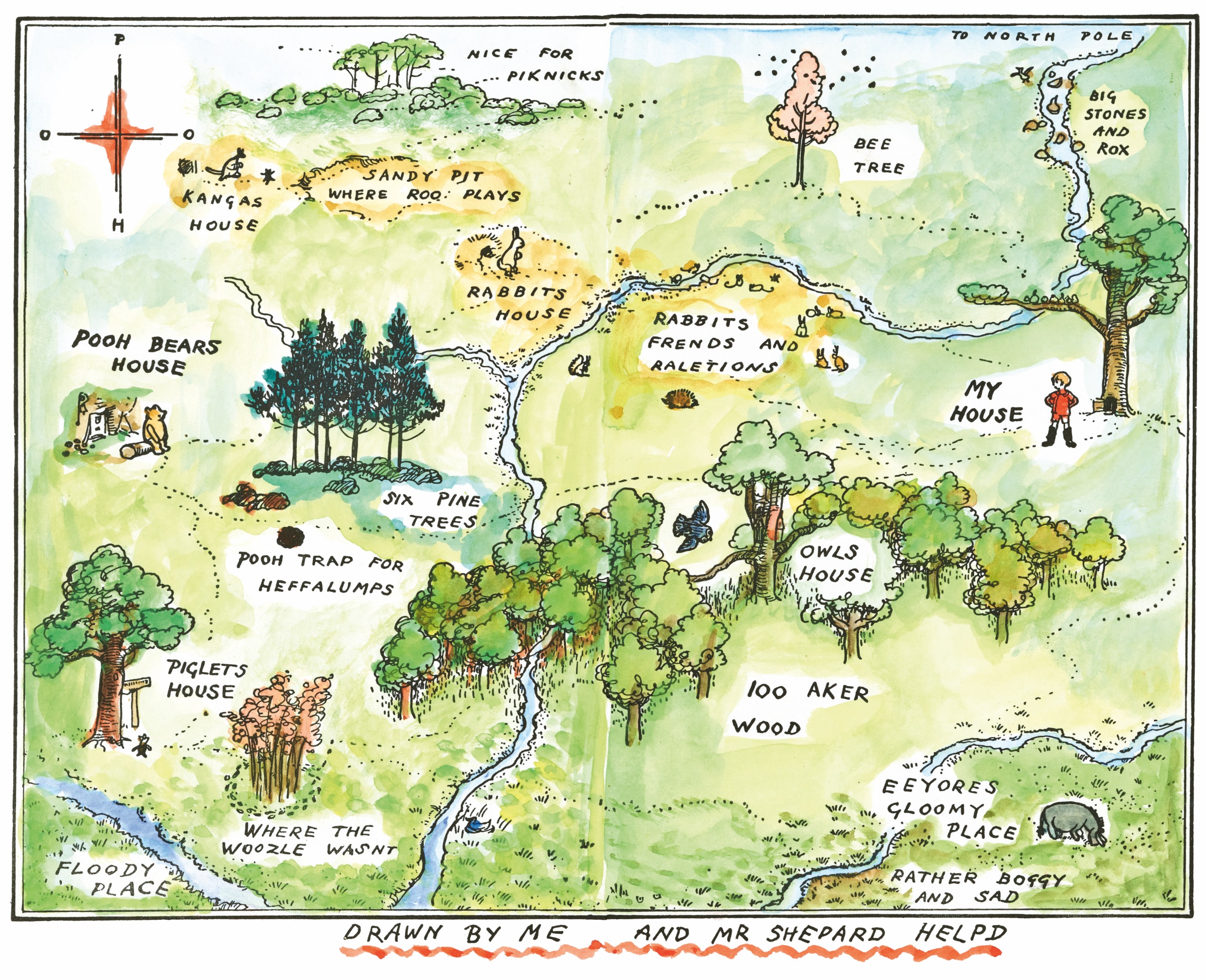 A map of the 100 acre wood by E H Shephard
