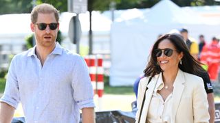Prince Harry, Duke of Sussex and Meghan, Duchess of Sussex attend the cycling medal ceremony at the Cycling Track during day six of the Invictus Games Düsseldorf 2023