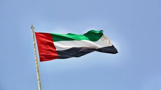 The United Arab Emirates flag flying against a clear blue sky