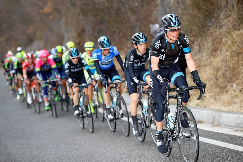 Sky on the front of the peloton.