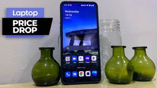 OnePlus 10T black smartphone on a wooden next to 3 green vases and a glass jar against a white wall