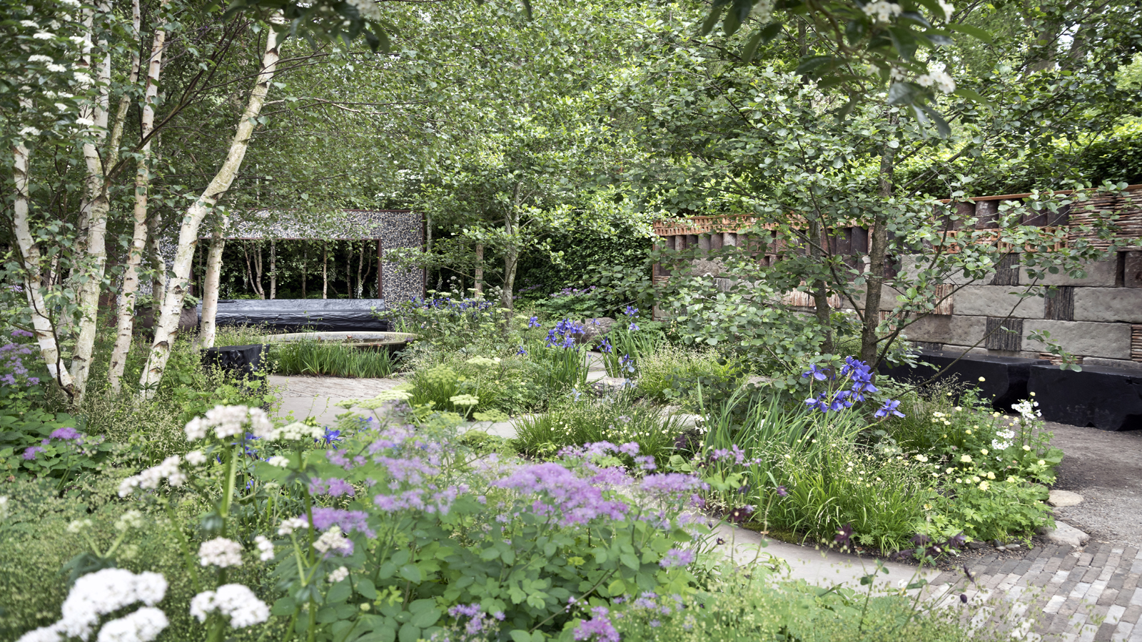 A professionally designed garden with trees and blue and white flowering plants and stone pathways