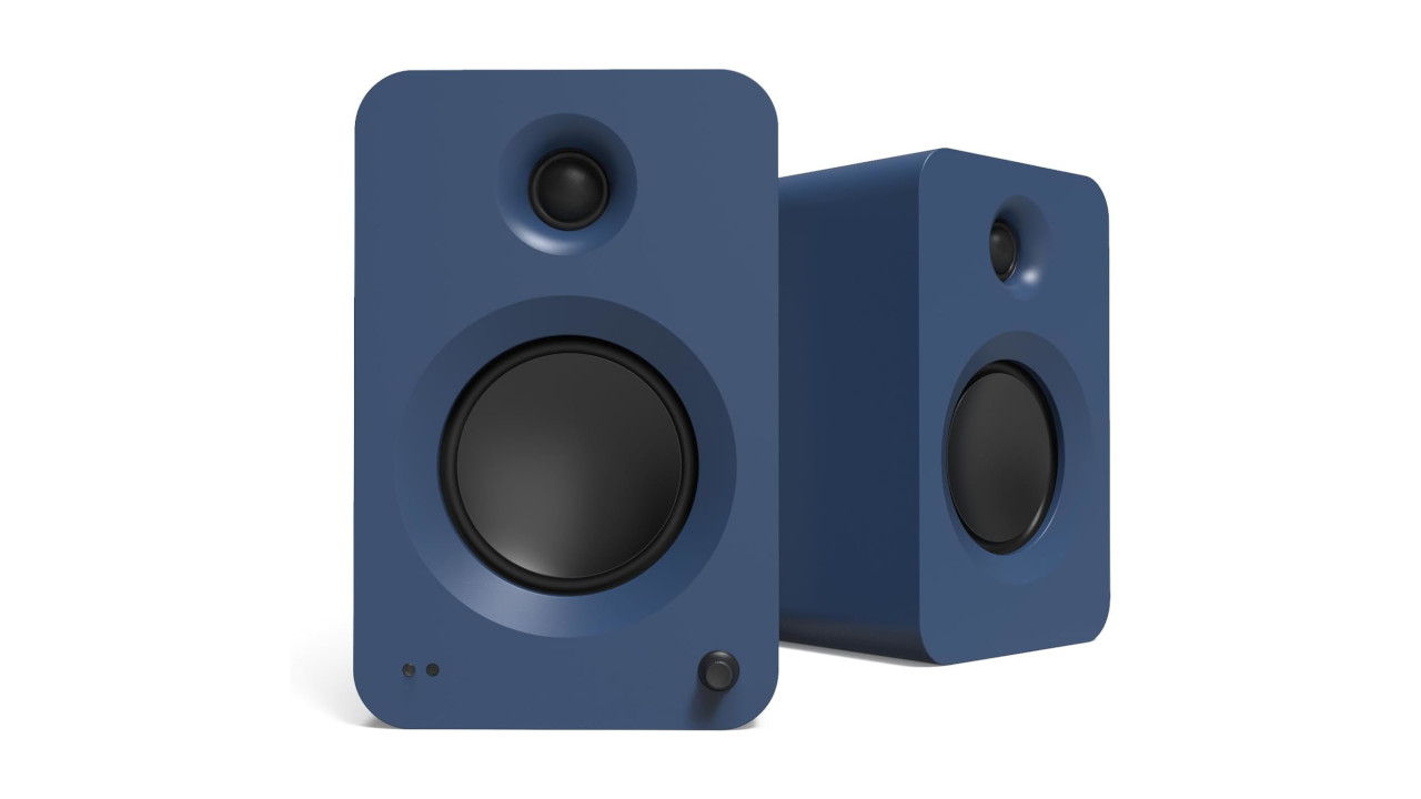 A pair of blue Kanto Audio Ren speakers on a plain white background