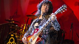 Guitarist Jimmy Sakurai of Jason Bonham's Led Zeppelin Evening performs on stage at Cal Coast Credit Union Open Air Theatre on October 02, 2019 in San Diego, California.