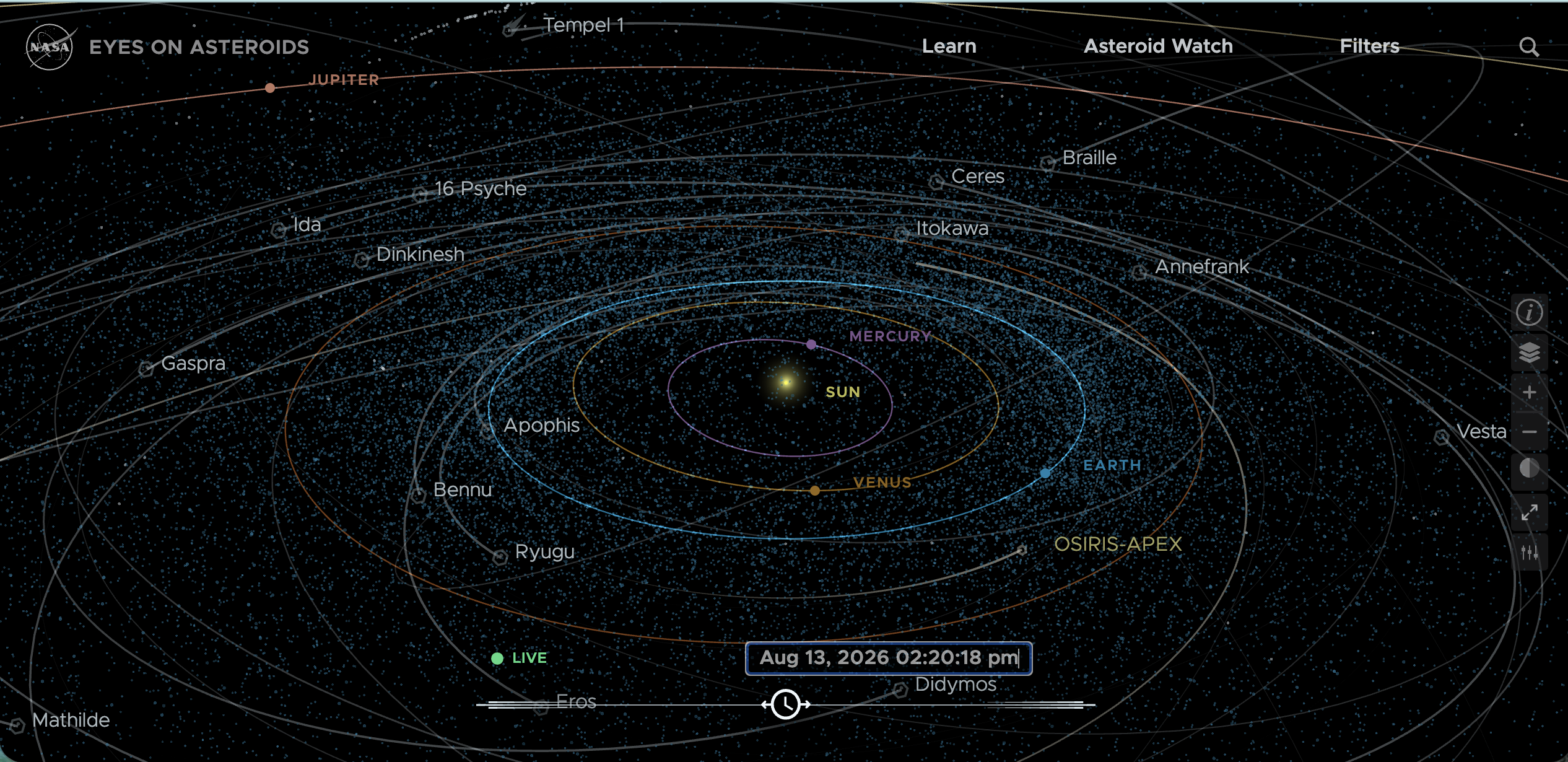 Screenshot of NASA's Eyes on Asteroids, showing a live interactive orbital map of the inner solar system with labelled asteroids, comets and spacecraft including Bennu, Ryugu, Apophis and OSIRIS-APEX.