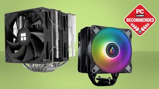 Two of the best air coolers on a green background with the PC Gamer Recommends badge in the top right.