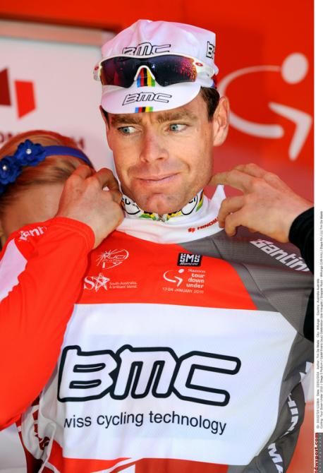 Cadel Evans (BMC) enjoys a visit to the 2010 Tour Down Under podium