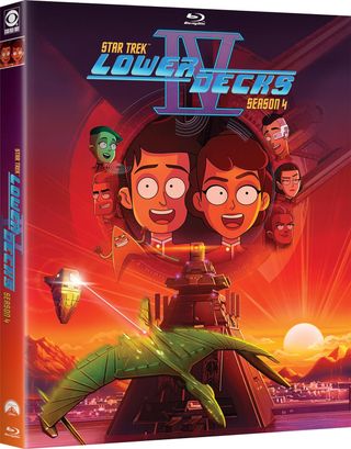 photo of a box containing the Season 4 Blu-Ray of "Star Trek: Lower Decks." the box shows eight cartoon characters' heads floating above a futuristic cityscape