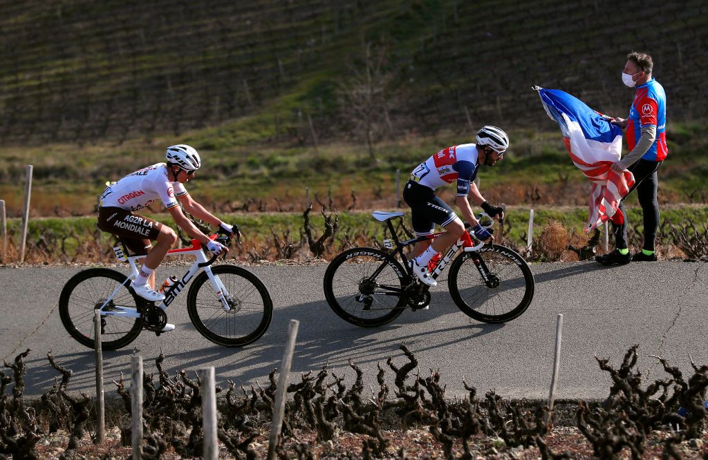CHIROUBLES FRANCE MARCH 10 Julien Bernard of France and Team Trek Segafredo Oliver Naesen of Belgium and AG2R Citren Team during the 79th Paris Nice 2021 Stage 4 a 1875km stage from ChalonSurSane to Chiroubles 702m Public Fans Breakaway Vineyards ParisNice on March 10 2021 in Chiroubles France Photo by Bas CzerwinskiGetty Images