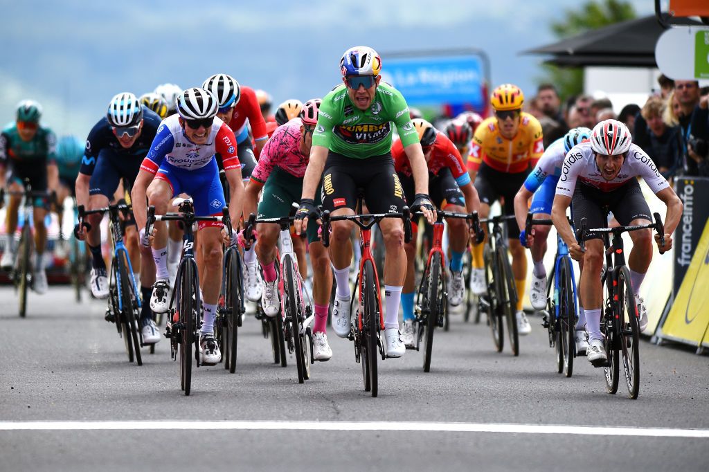 CHASTREIXSANCY FRANCE JUNE 07 LR Matteo Jorgenson of United States and Movistar Team David Gaudu of France and Team Groupama FDJ Ruben Guerreiro of Portugal and Team EF Education Easypost Wout Van Aert of Belgium and Team Jumbo Visma Green Points Jersey Dylan Teuns of Belgium and Team Bahrain Victorious and Victor Lafay of France and Team Cofidis sprint at finish line during the 74th Criterium du Dauphine 2022 Stage 3 a 169km stage from SaintPaulien to ChastreixSancy 1391m WorldTour Dauphin on June 07 2022 in ChastreixSancy France Photo by Dario BelingheriGetty Images