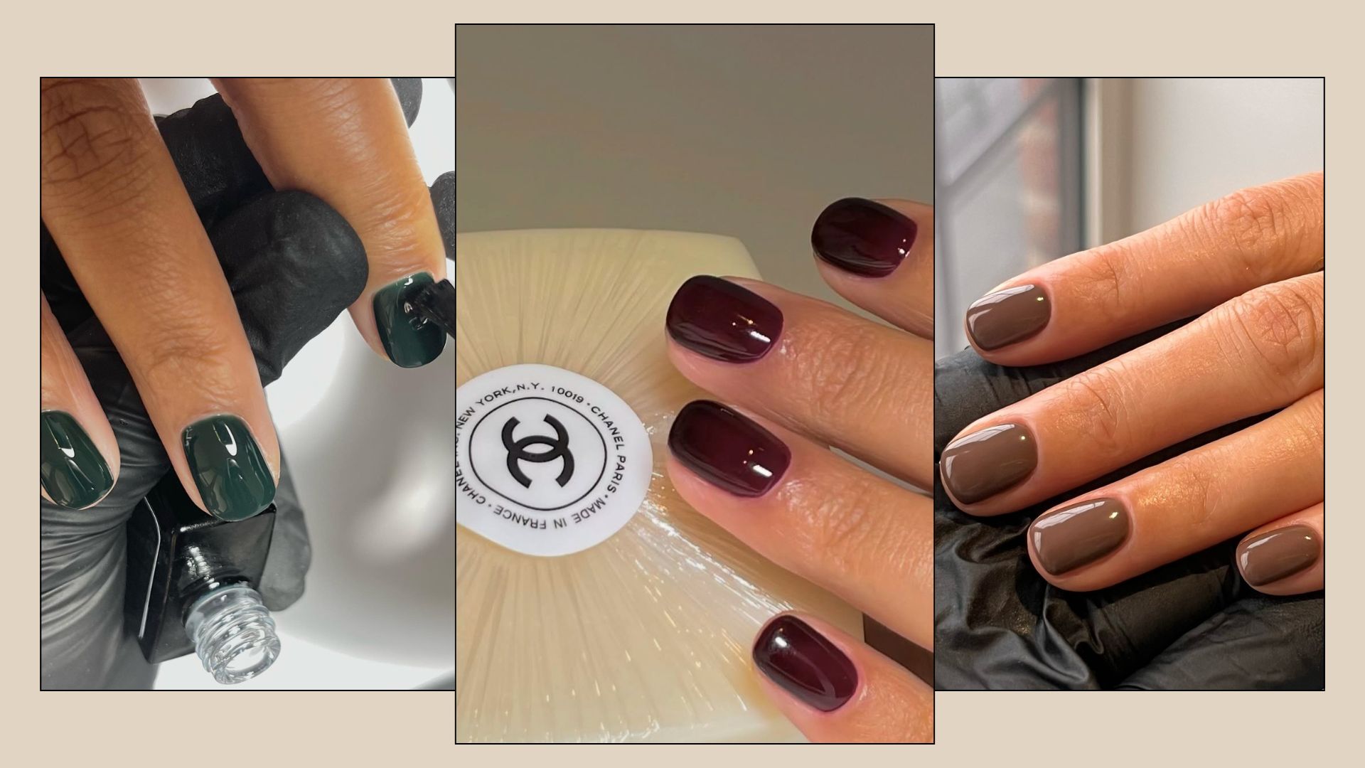 A collage of green, dark red and brown manicures