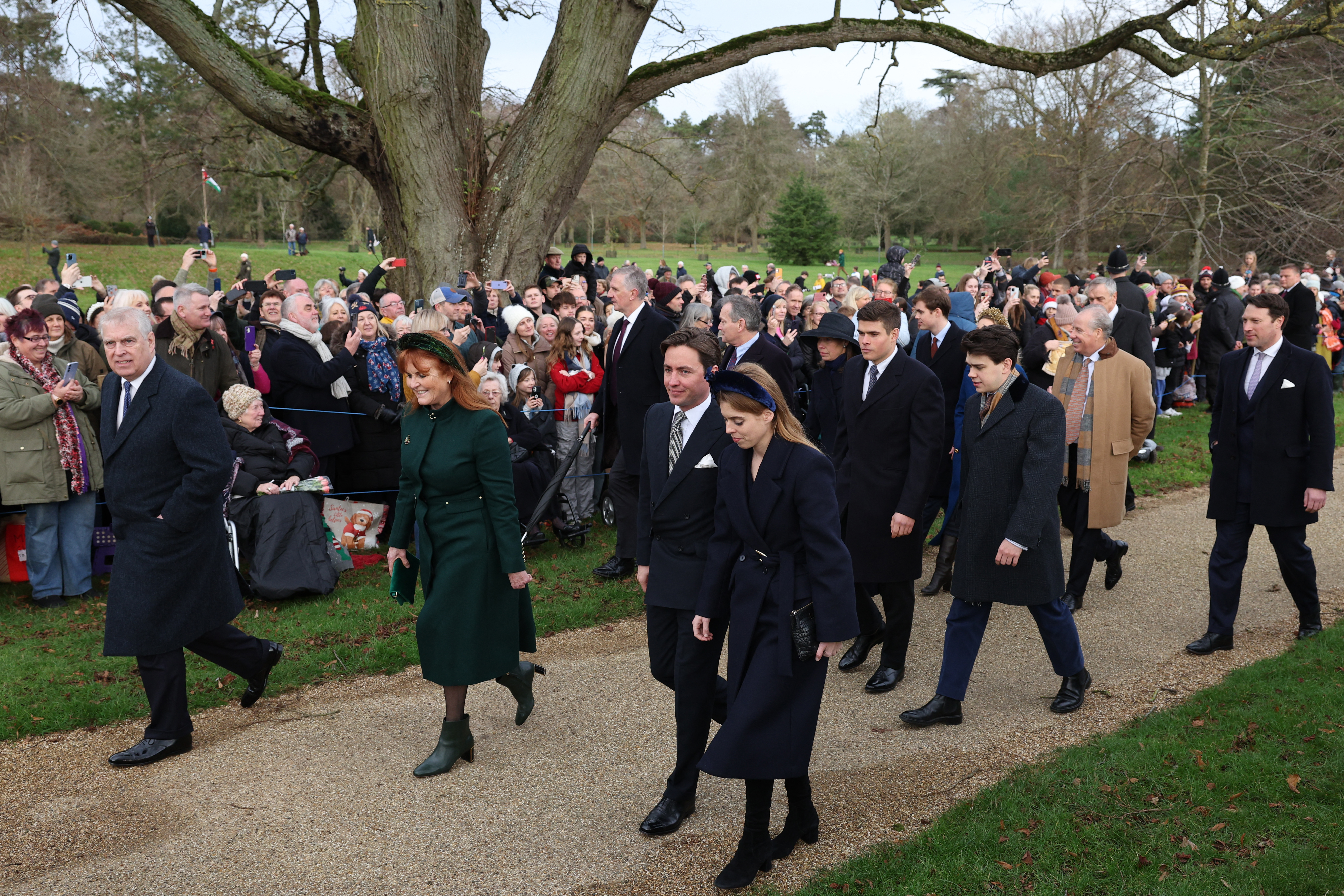 Andrew Mountbatten-Windsor, Sarah Ferguson and Princess Beatrice, Sarah Chatto and other royals walking to church on Christmas 2023