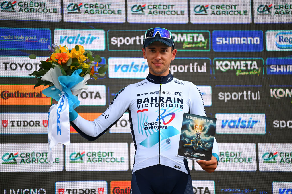 SAN BENEDETTO DEL TRONTO ITALY MARCH 16 Antonio Tiberi of Italy and Team Bahrain Victorious on third place poses on the podium ceremony after the 60th TirrenoAdriatico 2025 Stage 8 a 147km stage from Porto Potenza Picena to San Benedetto del Tronto UCIWT on March 16 2025 in San Benedetto del Tronto Italy Photo by Tim de WaeleGetty Images