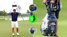 Bryson DeChambeau holds a trophy, with a close up of his bag