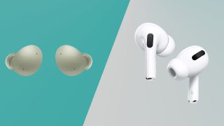 the samsung galaxy buds 2 next to the apple airpods pro