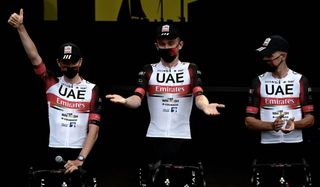 Team UAE Emirates Tadej Pogacar of Slovenia C attends the teams presentation two days ahead of the first stage of the 108th edition of the Tour de France cycling race near Brest on June 24 2021 Photo by Philippe LOPEZ AFP Photo by PHILIPPE LOPEZAFP via Getty Images