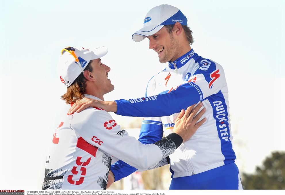 Cancellara congratulates Boonen on the Roubaix podium