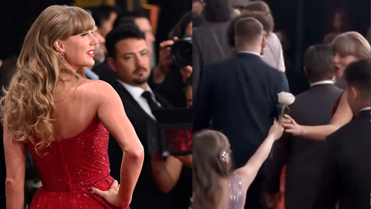 Taylor Swift posing with her back to the camera on the Grammys 2025 red carpet in a red sparkly dress and her hand on her hip next to a photo of her accepting a white rose from a little girl in a pink dress