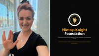 Split image showing Dr. Jessica Schonhut-Stasik doing a Vulcan salute and wearing her 'Live Long and Prosper' Tribute Award pendant on the left, and the Nimoy Knight Foundation logo on the right.
