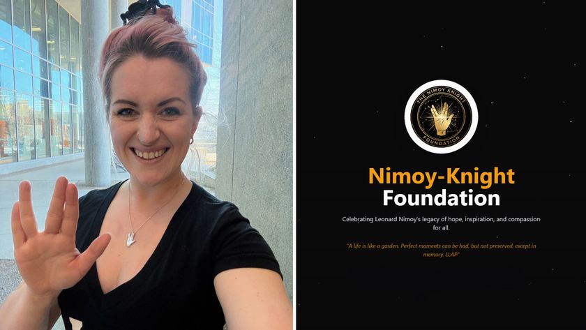 Split image showing Dr. Jessica Schonhut-Stasik doing a Vulcan salute and wearing her 'Live Long and Prosper' Tribute Award pendant on the left, and the Nimoy Knight Foundation logo on the right.