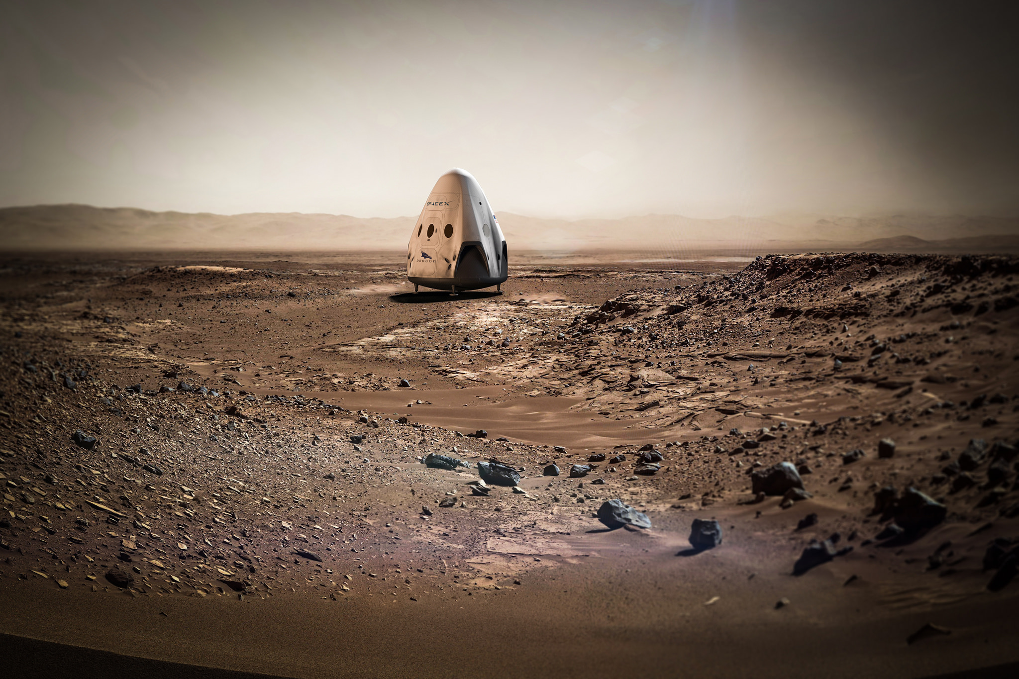 An artist's depiction of the SpaceX Crew Dragon on Mars.