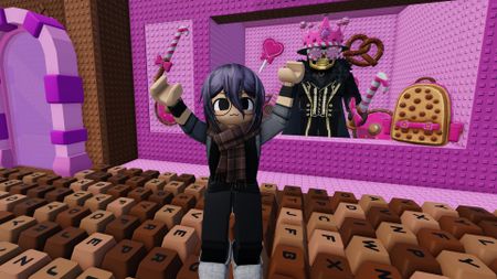 +1 Speed Keyboard Escape - A female Roblox avatar with purple hair, brown scarf, and black shirt and pants outfit jumping up on a floor made out of keyboard keys