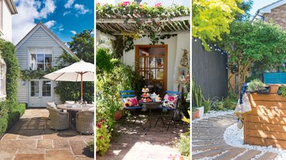 compilation of three gardens showing garden shade ideas with parasols, pergolas and planting