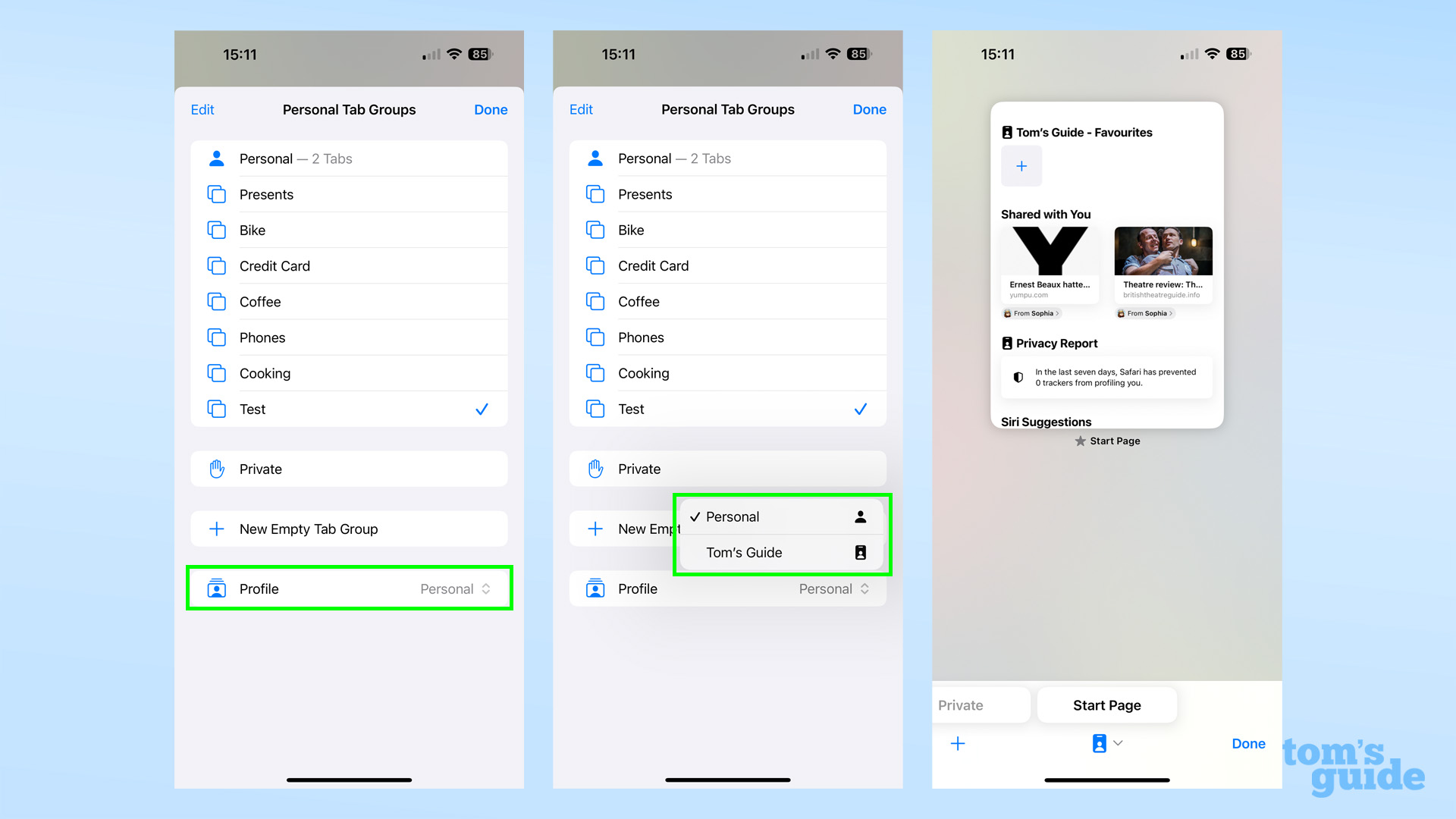 Capturas de pantalla que muestran cómo cambiar los perfiles de Safari