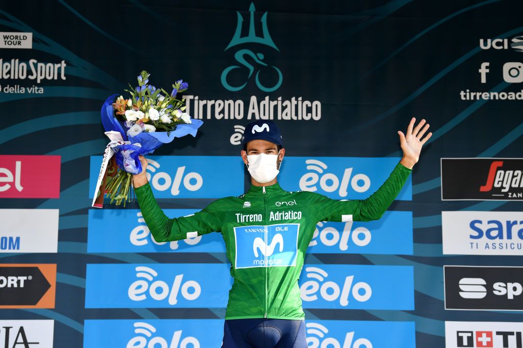 LORETO ITALY SEPTEMBER 13 Podium Hector Carretero of Spain and Movistar Team Green Mountain Jersey Celebration Flowers during the 55th TirrenoAdriatico 2020 Stage 7 a 181km stage from Pieve Torina to Loreto 114m TirrenAdriatico on September 13 2020 in Loreto Italy Photo by Justin SetterfieldGetty Images