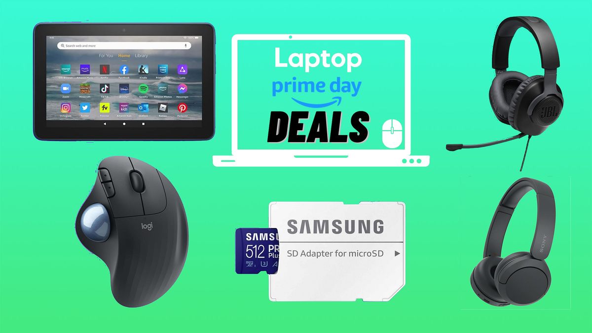 Tablet, mouse, microSD card, and headphones on a green gradient background with a Laptop Mag Prime Day deals banner in the middle.