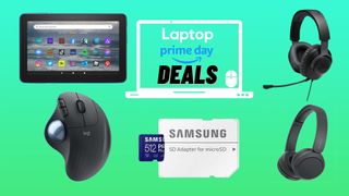 Tablet, mouse, microSD card, and headphones on a green gradient background with a Laptop Mag Prime Day deals banner in the middle.