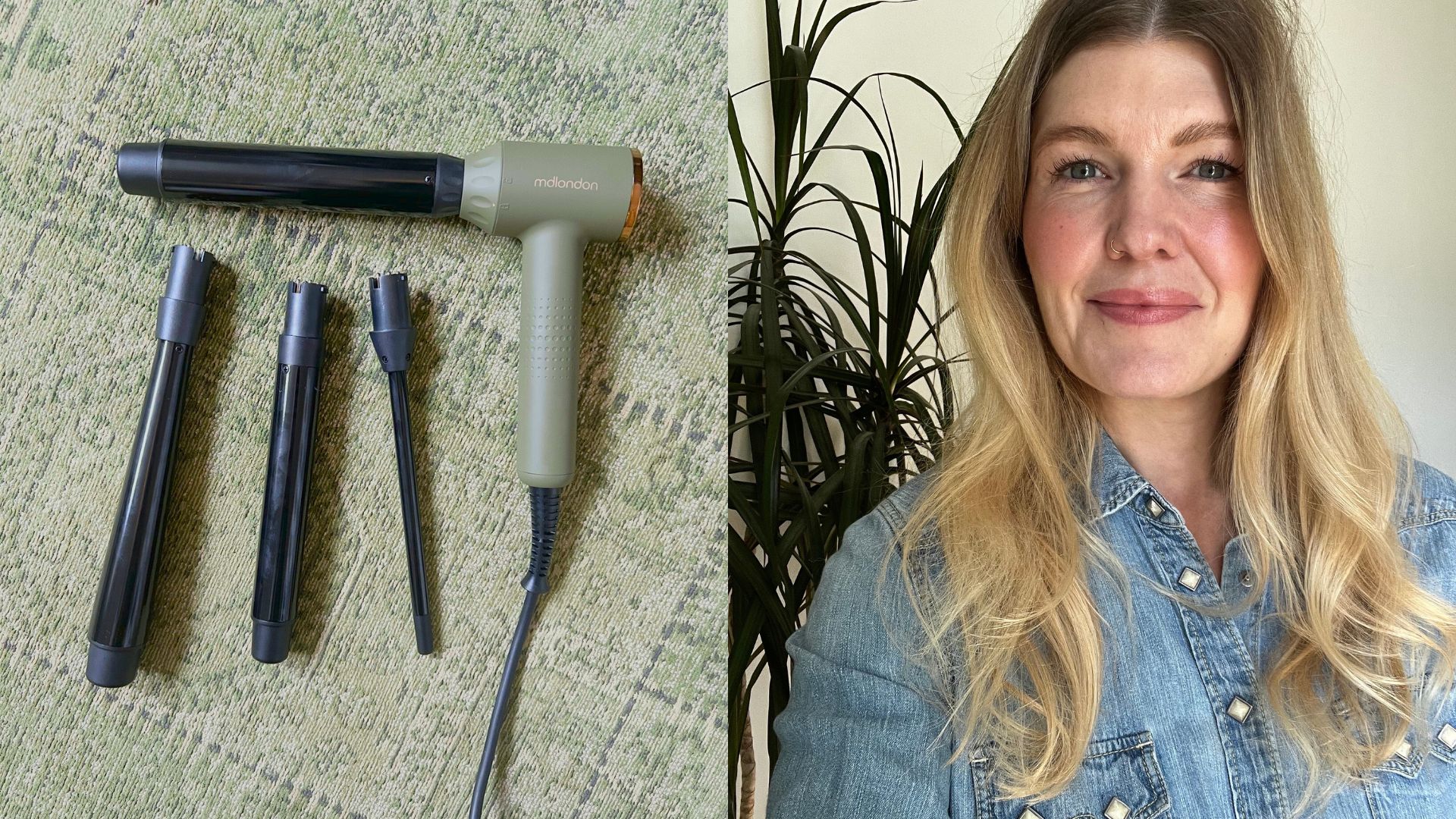 an image of MD London Curl on a green backdrop next to an image of fiona mckim wearing a denim shirt with bouncy wavy hair