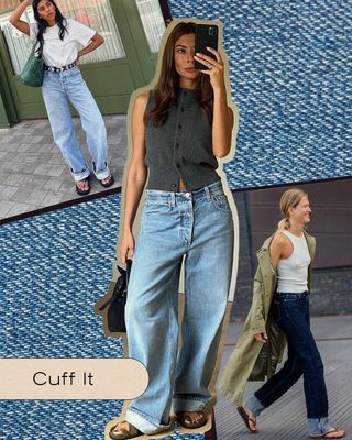 a collage of influencers wearing summer 2024 denim trends