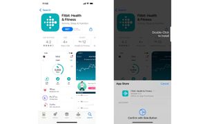 A two-part panel demonstrating the Fitbit app in the app store and how to download it