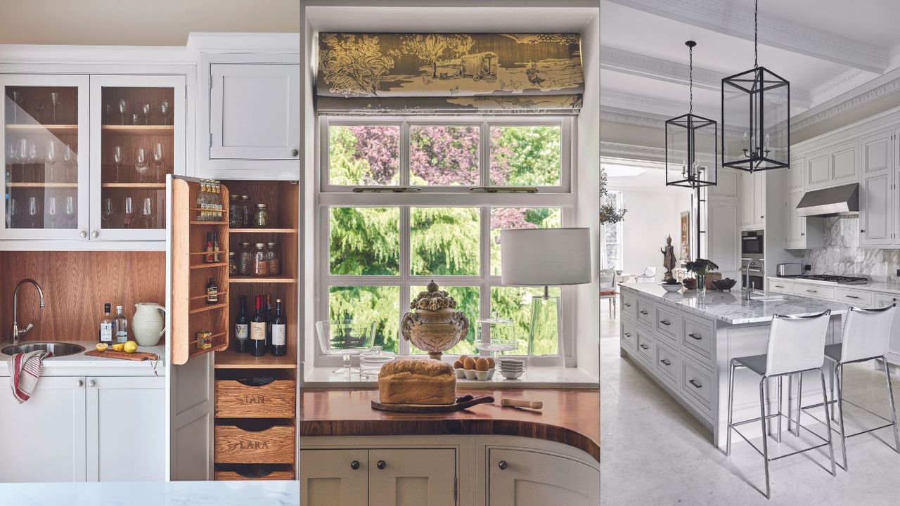 Kitchen detail with light grey oak Shaker style fitted cabinets, bar area with round sink and wine glasses in hanging cupboard with glass doors. / A wood kitchen worktop and curved units, a fresh loaf of bread and fresh eggs and a window out into the garden with a roman blind. / All white kitchen with kitchen island along the center and metal frame rectangular lantern ceiling lights/