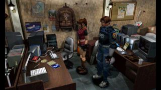 Leon S. Kennedy and Claire Redfield in an office during Resident Evil 2, one of the best classic PC games.