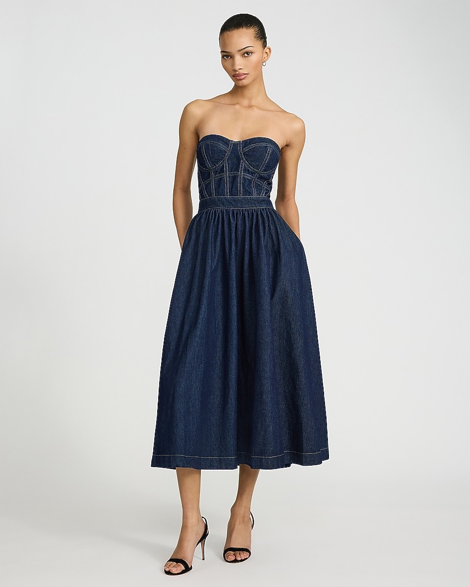 Express, Denim Strapless Sweetheart Corset Midi Dress with Pockets