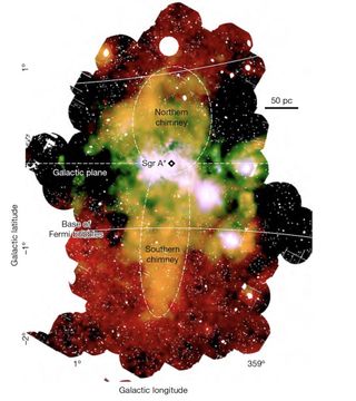 Sagittarius A* (Sgr A*) is a bright bloom of radio waves thought to contain the black hole at the center of the Milky Way. In this x-ray map of the galactic center, researchers discovered two large ‘chimneys’ of plasma leaking out of the Sgr A* region, and seemingly dumping hot matter into two enormous gas bubbles called the Fermi bubbles.