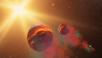 An illustration shows a star violently unwrapping two stellar cores to creat a pair of JuMBOs