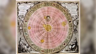 This Copernican heliocentric solar system, from 1708, shows the orbit of the moon around the Earth, and the orbits of the Earth and planets round the sun, including Jupiter and its moons, all surrounded by the 12 signs of the zodiac.