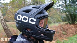 POC Ora Clarity goggles worn with a full-face helmet