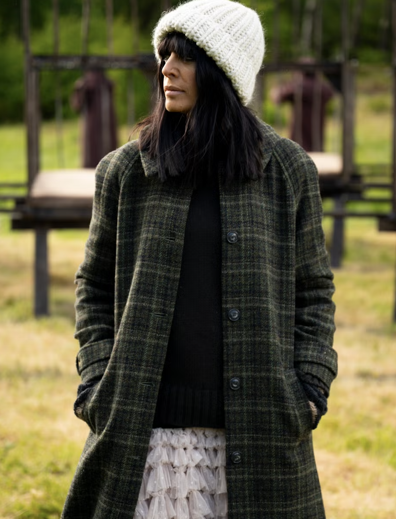Claudia Winkleman wearing a checked coat