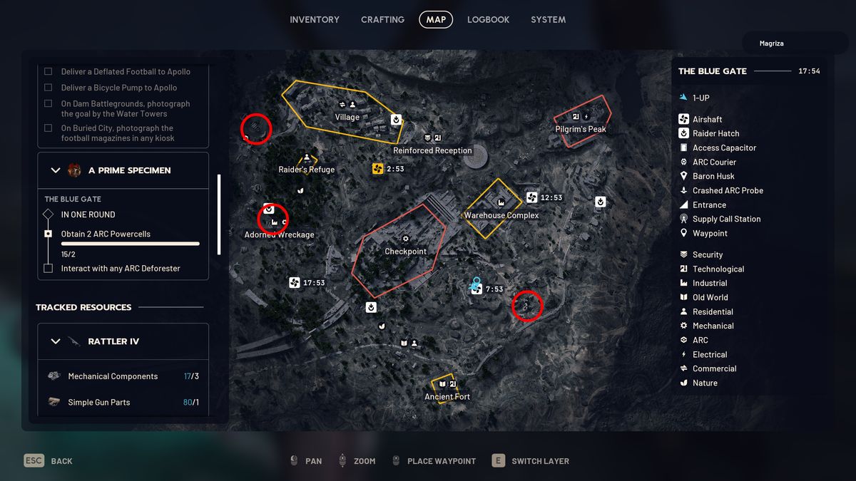 Arc Raiders A Prime Specimen: A map with three red circles highlighting the locations of the Arc Deforesters on the Blue Gate map.