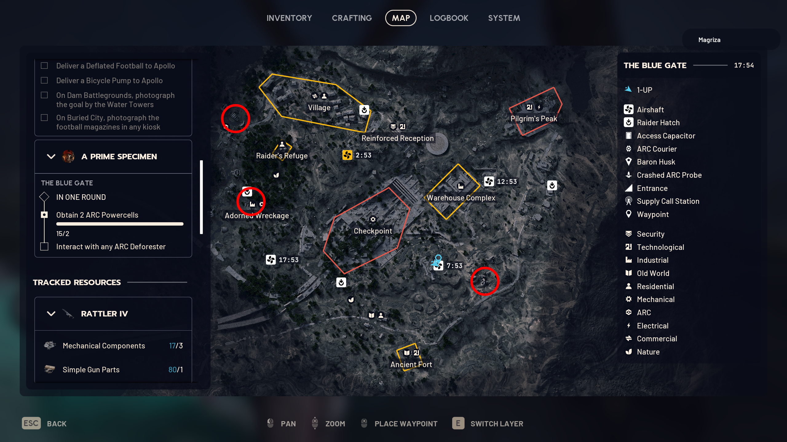 Arc Raiders A Prime Specimen: A map with three red circles highlighting the locations of the Arc Deforesters on the Blue Gate map.